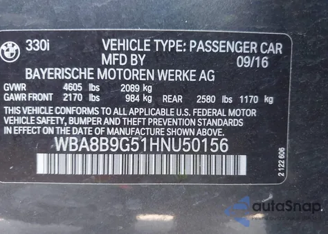 2017 BMW 330I z USA, uszkodzony, nr VIN WBA8B9G51HNU50156